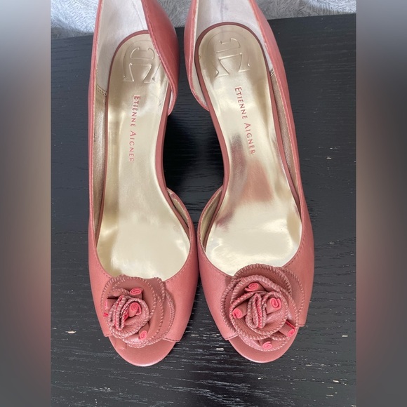 Etienne Aigner Coral Peep Toe Wedge Heels with Floral Accent | 8 - Picture 5 of 12